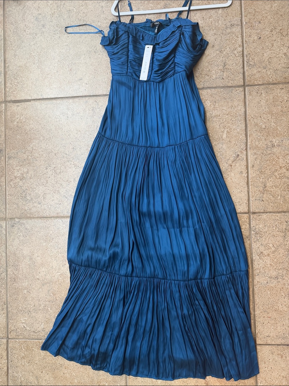 Aqua Navy Blue Pleated Maxi Dress with Ruching